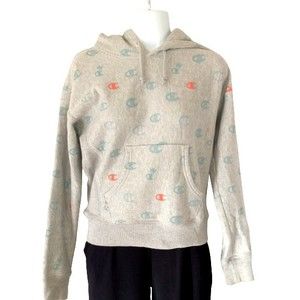 Champion Reverse Weave Gray Hoodie Sweatshirt with all over Logo Size XS